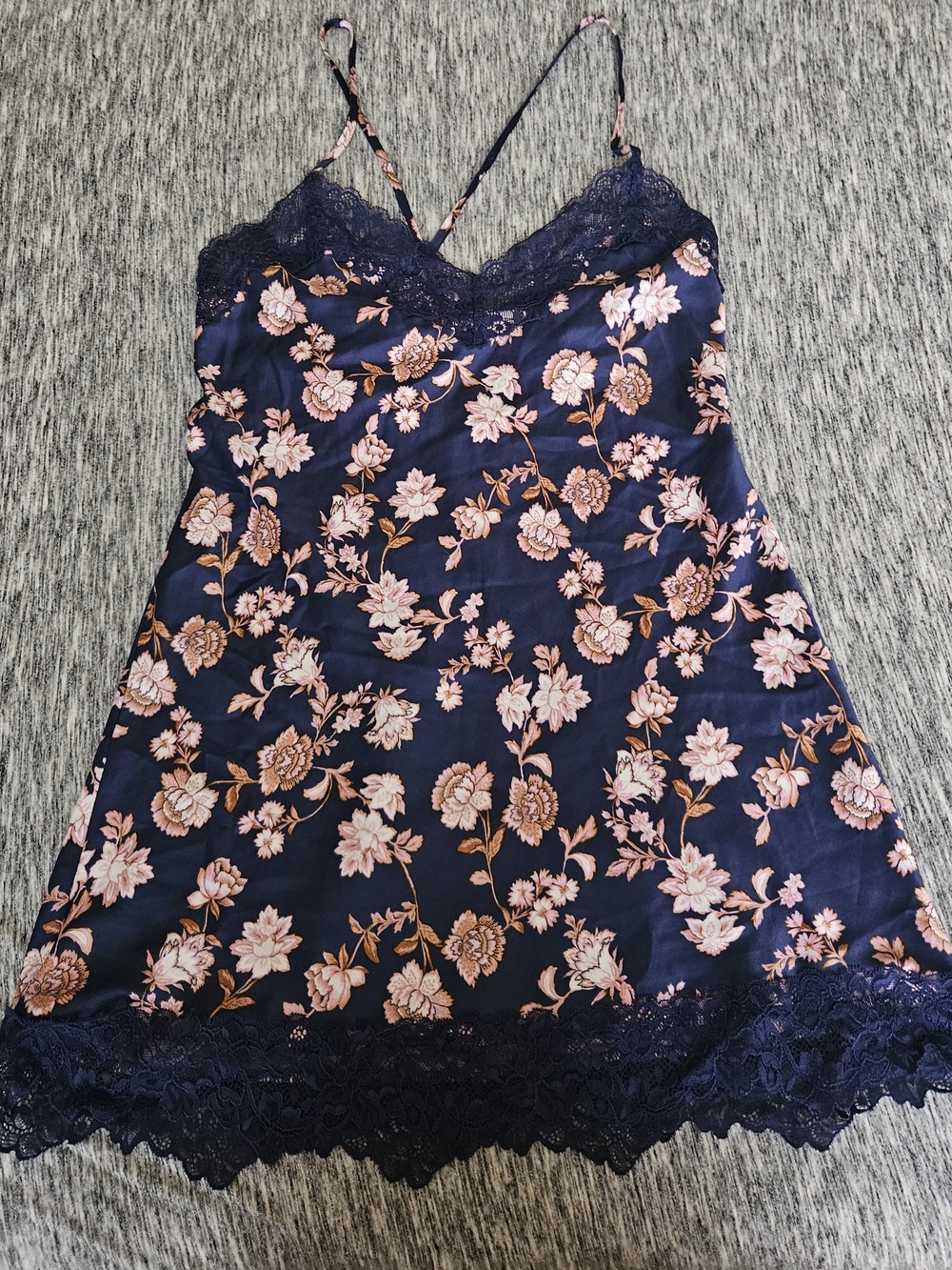Floral Lace Trim Satin Slip Dress - Navy with Pink Floral
